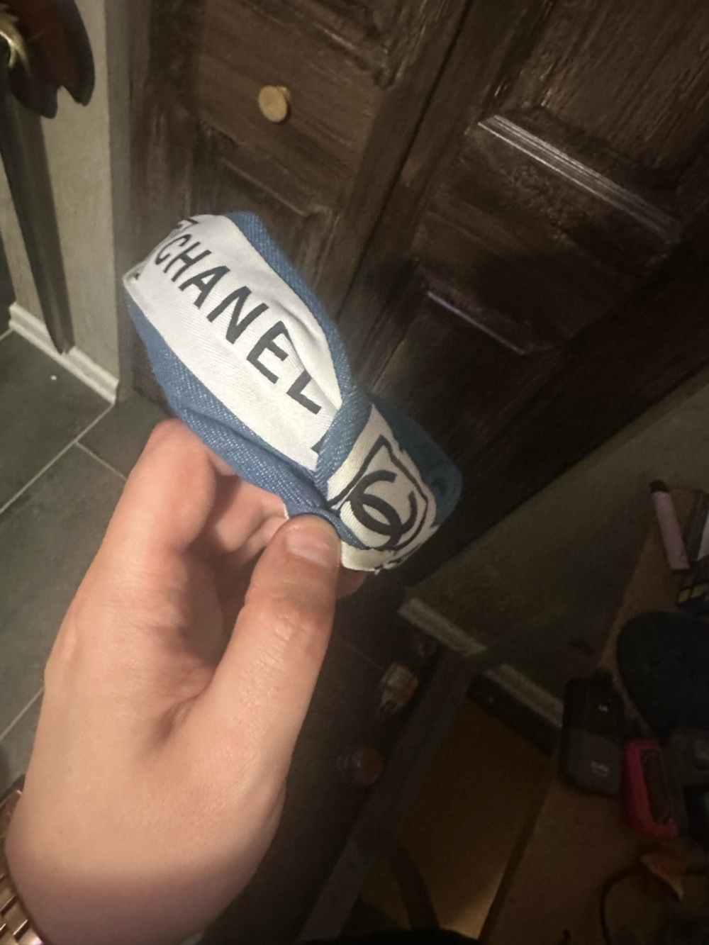CHANEL unisex Blue and White Logo Denim Headband